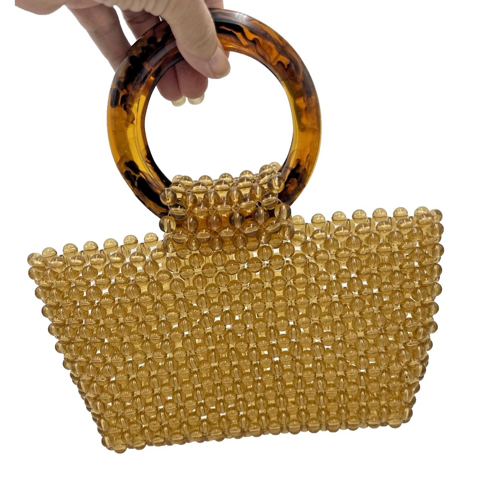 Vintage Amber Colored Beaded Handbag w/Tortoise Acrylic Handles‎
